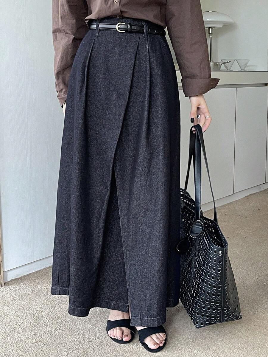 女士收腰设计长款休闲牛仔裙 - 深色水洗藍 - 查看 1