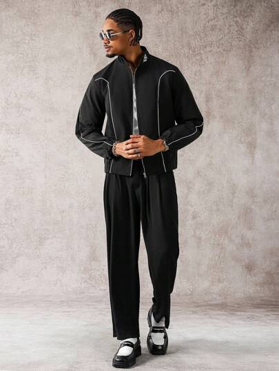 Manfinity Hypemode Chaqueta y abrigo para hombres con cuello alto, estampado de letras, ribete de contraste, color negro