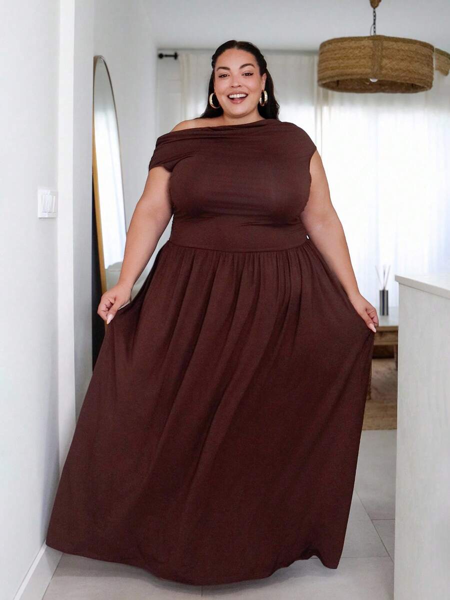 Pretty and Ole 大码女式优雅超级百搭弹力面料黑色或日常穿着、派对、露肩、大码女式、A 级连衣裙、女士生日连衣裙 - 咖啡棕 - 查看 1