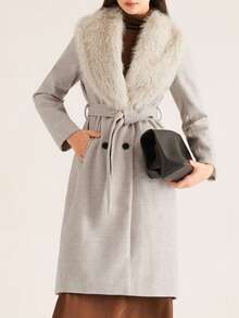 Aveloria Fur Collar Decor Luxurious Belted Long Coat, Fashionable European & American Style For Women - Light Grey - View 4