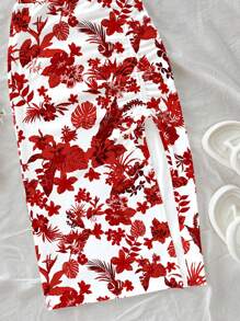 Soleia 2pcs/Set Casual Floral Print Crop Camisole And Skirt, Suitable For Summer Vacation Outfits Woman 2 Pieces Red Two Set - Red - View 3