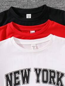 SHEIN 3 件套青少年男孩休闲字母图案 T 恤，黑白绿，适合通勤、上学、日常休闲装、运动、秋冬 - 紅色 - 查看 3