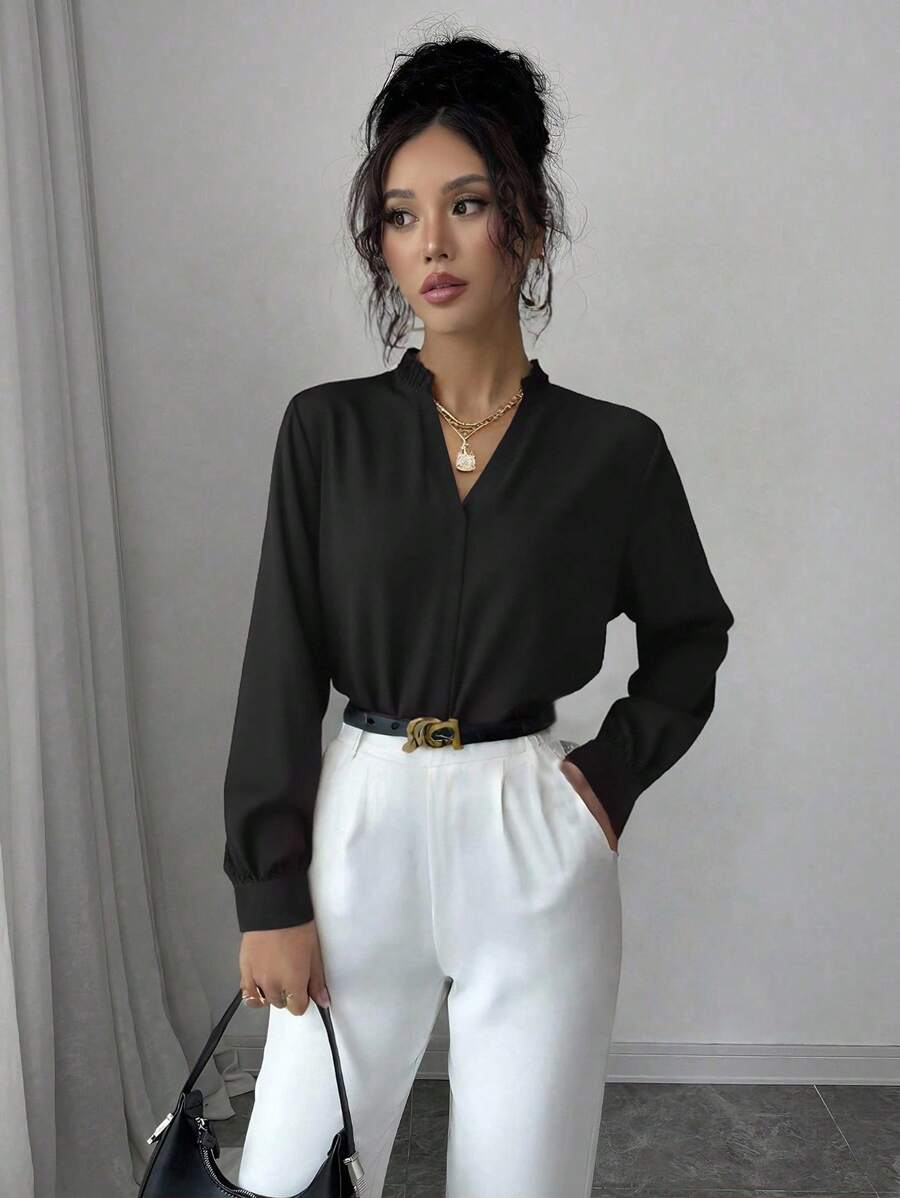 Elenzga Solid Notched Neck Shirt,Long Sleeve Tops Fall Cloth For Women - Black - View 1