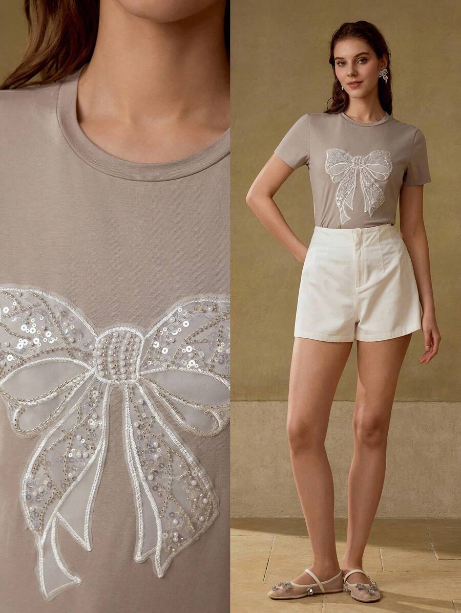 MOTF PREMIUM CAMISETA CON DETALLES DE PERLAS FALSAS Y RHINESTONES - Gris - Ver 1