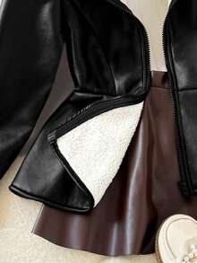 SHEIN Jaket Crop Super Nyaman untuk Anak Perempuan Remaja Musim Dingin, Elegan, Model Blok Warna, Bahan PU Fleece Tebal, Pinggang Berkerut, Hem Bergelombang, Resleting Depan Metalik, Warna Hitam - Hitam - View 8