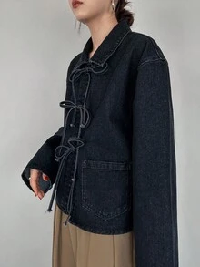 FRIFUL 女式纯色落肩长袖前系带宽松牛仔衬衫 - 黑色 - 查看 6