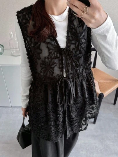 FRIFUL 女士V领纹理宽松无袖背心外套黑色背心女款黑色背心黑色系带背心薄纱黑色背心背心上衣女式外套