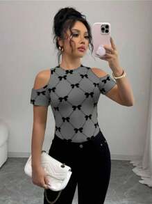 Elenzga 女式撞色圆领露肩领结全身印花修身时尚T恤 - 灰色 - 查看 1