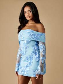 MISSGUIDED Floral Embroidered Bardot Mini Dress Off Shoulder Long Sheer Sleeves Formal Evening Party Wedding Guest Special Occasion Spring Summer - Baby Blue - View 6