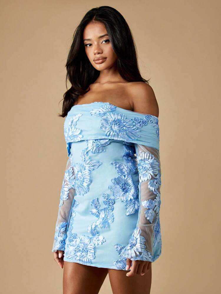 MISSGUIDED Floral Embroidered Bardot Mini Dress Off Shoulder Long Sheer Sleeves Formal Evening Party Wedding Guest Special Occasion Spring Summer