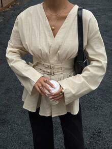 Siren Gaze 收腰双排扣双腰带长袖衬衫，柔软亲肤，杏色，上班度假皆宜