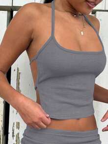 INAWLY Bộ đồ ngủ hở lưng cổ yếm màu trơn gợi cảm và chân váy ngắn ôm sát 2 món quyến rũ dành cho nữ - Xám - Xem 3