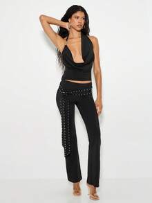 KIZN Quần ống loe cạp cao có đai đinh tán, quần ống loe dự tiệc tối, trang phục câu lạc bộ mùa thu đông, trang phục dự tiệc có đinh tán bạc - màu đen - Xem 3