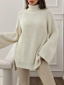 SHEIN Tall Áo len cổ lọ dáng rộng, dáng dài thoải mái, dáng rộng, dáng thu đông, chất liệu trơn, thoải mái, dáng rộng cho nữ - Màu be - Xem 3