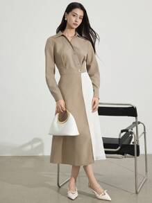 Heiryn Đầm midi tay dài phối màu thanh lịch thời trang dành cho nữ - Màu Khaki - Xem 7