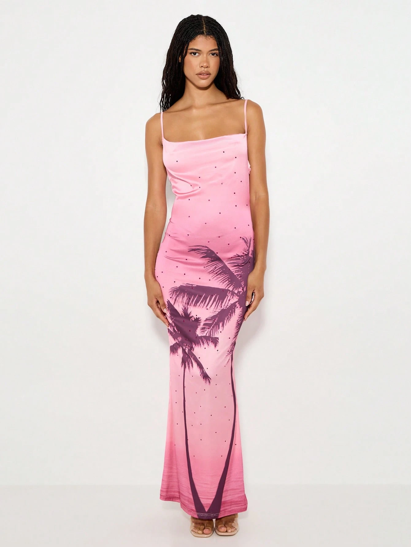 KIZN Satin Palm Tree Print Bodycon Maxi Dress With Spaghetti Straps