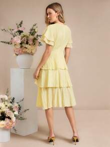 Amorya Women's Solid Color Round Neck Ruffle Hem Elegant Midi Dress - Yellow - View 2
