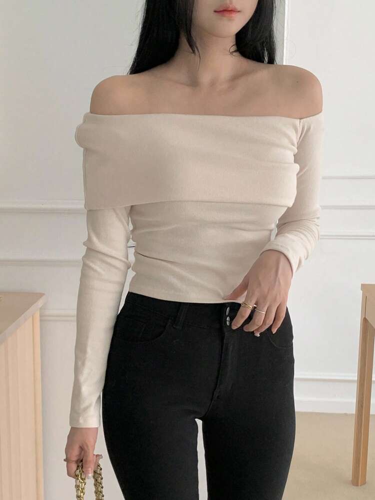 Women's Asymmetric Neck Long Sleeve Fitted Sexy Pullover Casual Lady Sweater Fall Off Shoulder Top