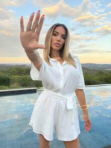 Manon Tanti Women's Fashionable Solid Color Mid-Sleeve Shirt Jumpsuit - White - View 3