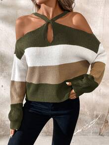 SHEIN Clasi Women's Loose Fit Contrast Stripe Long Sleeve Cowl Neck Sweater Autumn Winter Clothes For Women