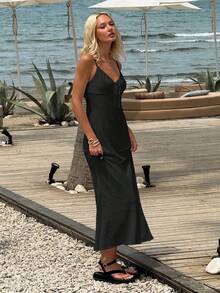 SHEIN EZwear Váy suông đuôi cá cổ chữ V dệt kim màu đen dành cho nữ, thường ngày - màu đen - Xem 5