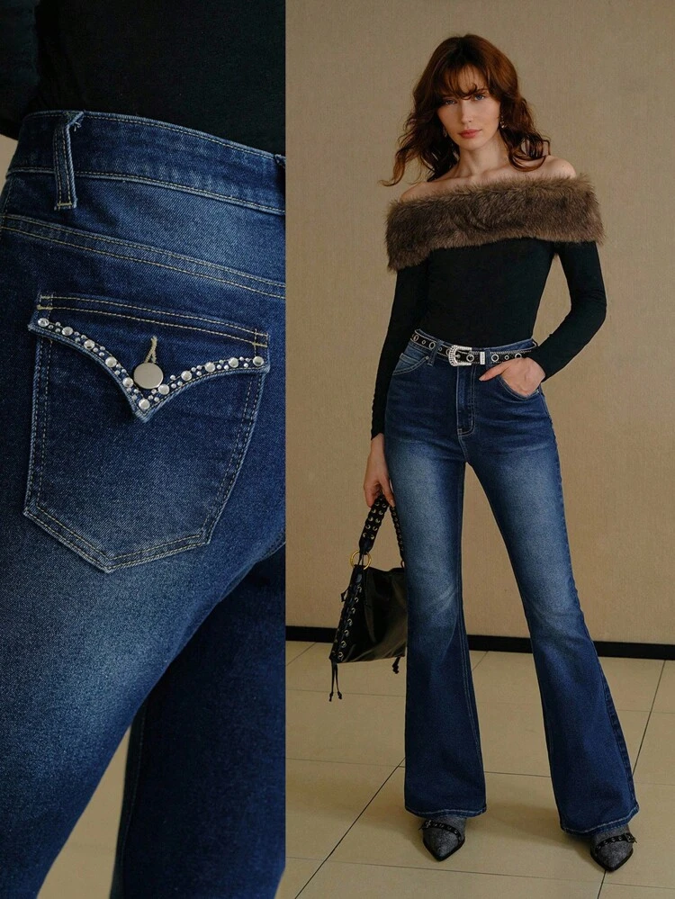 RHINESTONE FLAP POCKET FLARE LEG JEANS WITHOUT BELT