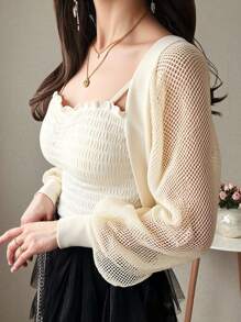 FRIFUL Women's Solid Color Back-Tied Long Sleeve Top, Suitable For Summer Sheer - Beige - View 2