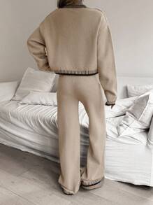 SHEIN 青少年女孩 2 件套纯色拼布前扣长袖休闲毛衣和裤子套装，简约时尚休闲日常穿着，返校装，适合秋冬季