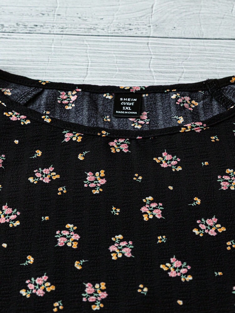 Linhara 女士加大码简约圆领纹理泡泡褶皱印花全幅小碎花插肩袖衬衫上衣，西部风夏季波西米亚秋季款 - 彩色 - 查看 3