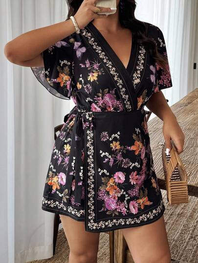 SHEIN LUNE 随机印花休闲度假大码连体裤