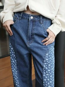 K-Vae Women's Autumn And Winter Small Floral Print Patchwork Jeans, Retro Country Style,Alloween Costumes,Chic Autumn