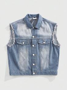 ROMWE MEN Casual 男士街头风格纽扣式无袖牛仔背心 - 黑與白 - 查看 1