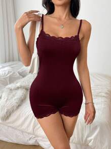 CovetEZ Bộ đồ liền thân ôm vừa vặn bằng vải ren Burgundy chắp vá dành cho nữ - Màu Đỏ Sâu - Xem 5