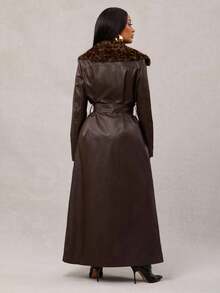 Radiana 冬季深咖啡色复古仿皮草豹纹领长款 PU 皮夹克，优雅束腰 PU 风衣外套 - 咖啡棕 - 查看 2