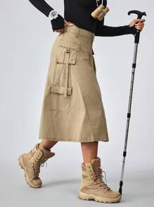 Flexra Women's Casual Outdoor Denim Cargo Skirt Outdoor  For Hiking Sun Protection Lightweight Quick Dry Hiking Outfits For Women Skirts With Pockets Cargo Skirts