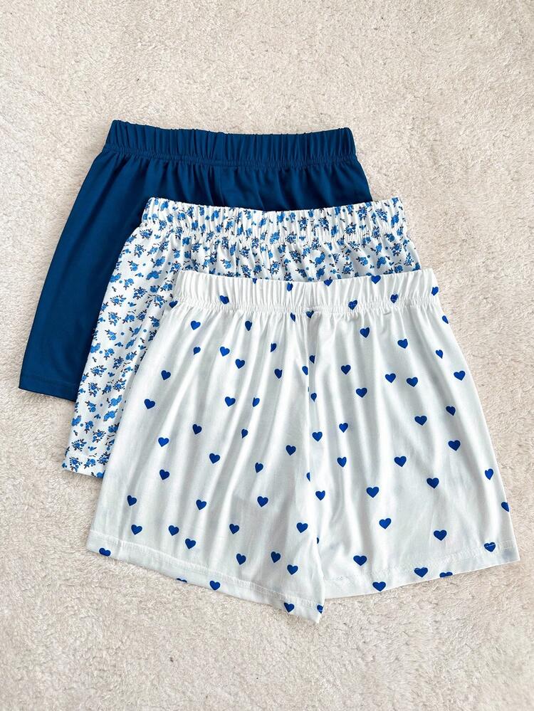 SHEIN 3件套女童花卉、心形印花和蓝色短裤睡衣套装 - 彩色 - 查看 2