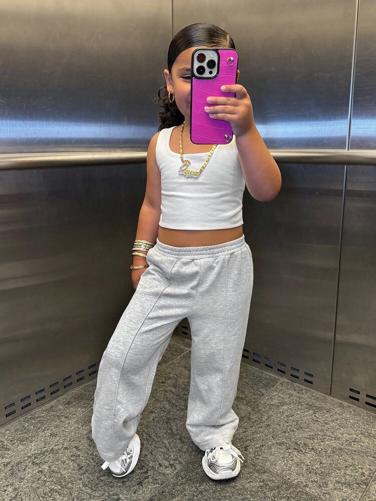 SHEIN 年轻女孩街头风针织纯色宽松直筒休闲裤，阔腿运动裤，宽松舒适运动裤，街头风针织纯色宽松直筒休闲裤，Y2K日常穿搭，校园风，休闲可爱风，姐妹装，母女装，万圣节秋冬运动裤 - 灰色 - 查看 2