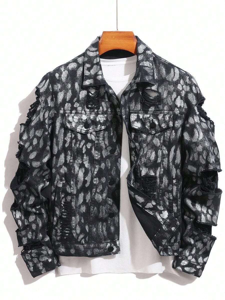 Manfinity Homme Men's All-Over Print Distressed Design Single-Breasted Grunge Casual Denim Jacket Halloween All Saints' Day, Fall - Black - View 1