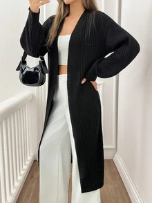 SHEIN Tall Tall Women Casual Solid Black Rib Knit Long Cardigan,Cardigans,Petite