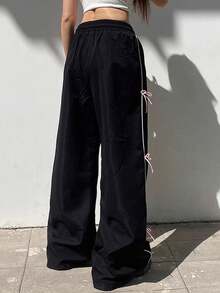 SHEIN Explorewe Tween Girl 休闲百搭百搭街头潮流复古美式运动白色饰边黑色抽绳腰部阔腿长裤 - 黑色 - 查看 2