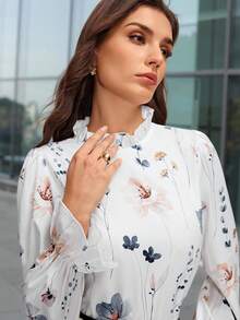 SHEIN Clasi Women's Elegant Versatile Floral Print Ruffle Sleeve Stand Collar Blouse - Multicolor - View 7