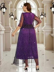 Gownix Vestido suelto de mujer de talla grande con cuello redondo, manga corta, plisado, lentejuelas y lámina de color púrpura, elegante y de moda para fiestas - Morado - Ver 2