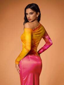 Shutterstock Glamance Women's Ombre Pattern Asymmetric Ruched Sheer Fitted Top Sunset Top One Shoulder Top Tie Dye Top Ombre Top Winter - Multicolor - View 3