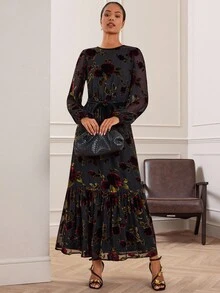 Lilora 女式休闲优雅天鹅绒连衣裙长款碎花连衣裙女式长袖长裙秋季女装天鹅绒碎花连衣裙黑色碎花长裙女式秋季服装优雅端庄 - 彩色 - 查看 5