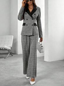 Chiquease 格紋印花雙排釦西裝外套和褲子 - 灰色 - 查看 1