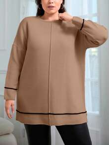 EURMUSE Suéter con mangas de murciélago y ribete de contraste en talla grande - Camel - Ver 4