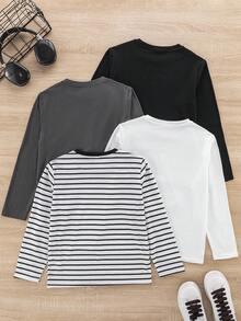 SHEIN 男童休闲条纹骑士图案长袖T恤四件套，适合儿童圣诞节、冬季、秋季穿着，所有童装 - 黑色 - 查看 2
