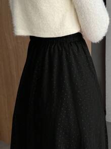 FRIFUL Swiss Dot Elastic Waist A-Line Skirt - Black - View 5