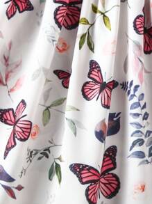 SHEIN Young Girl Butterfly & Plant Print Belted Dress