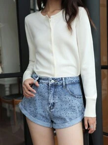 K-Vae Shorts Denim com Strass Verão Feminino, Shorts Denim Modernos de Cintura Alta Casual, Shorts Denim de Moda de Rua - Lavagem Média - Visão 4